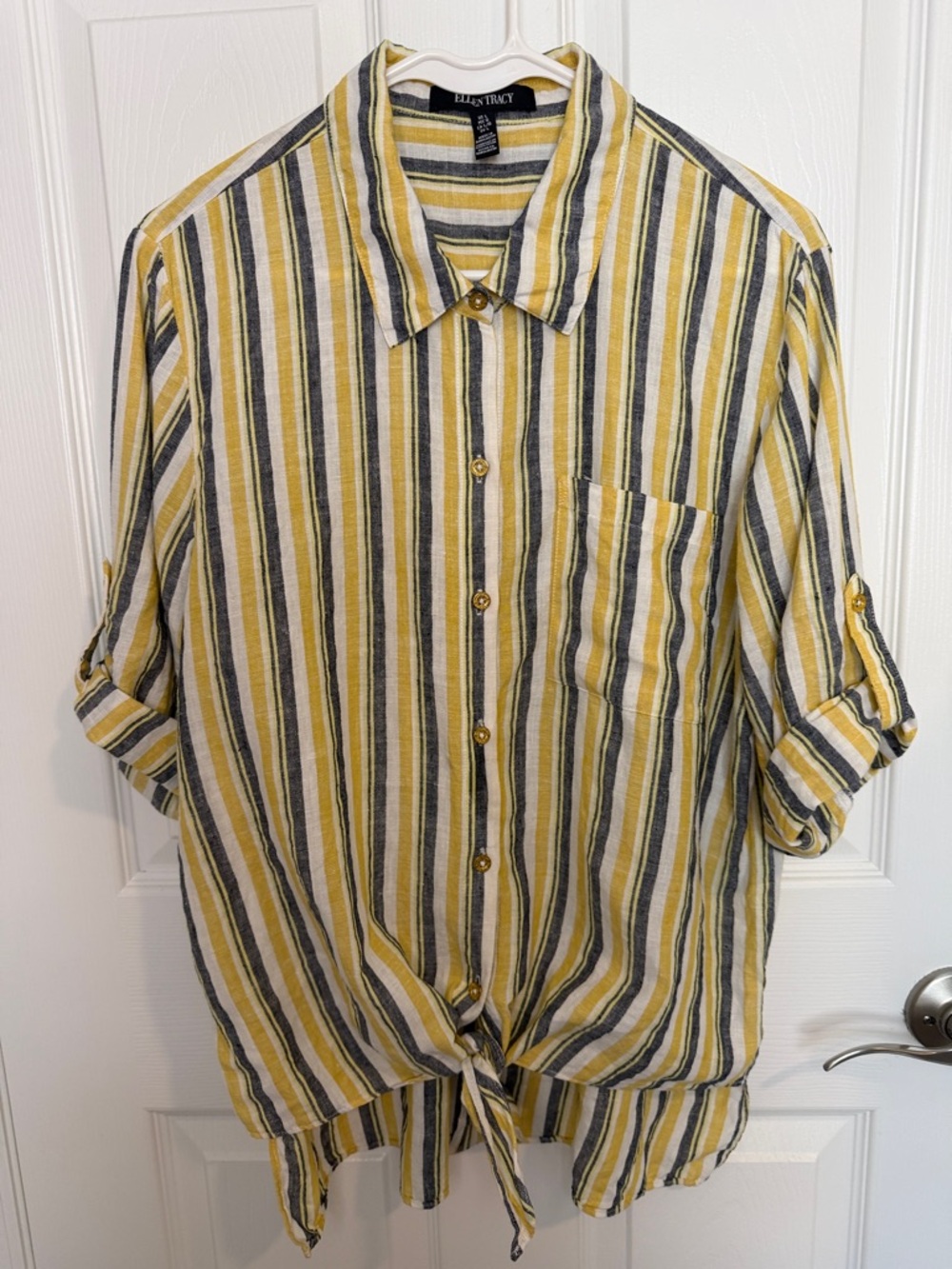 100% LINEN Ellen Tracy Yellow, Gray & White Striped Button-Down tie front